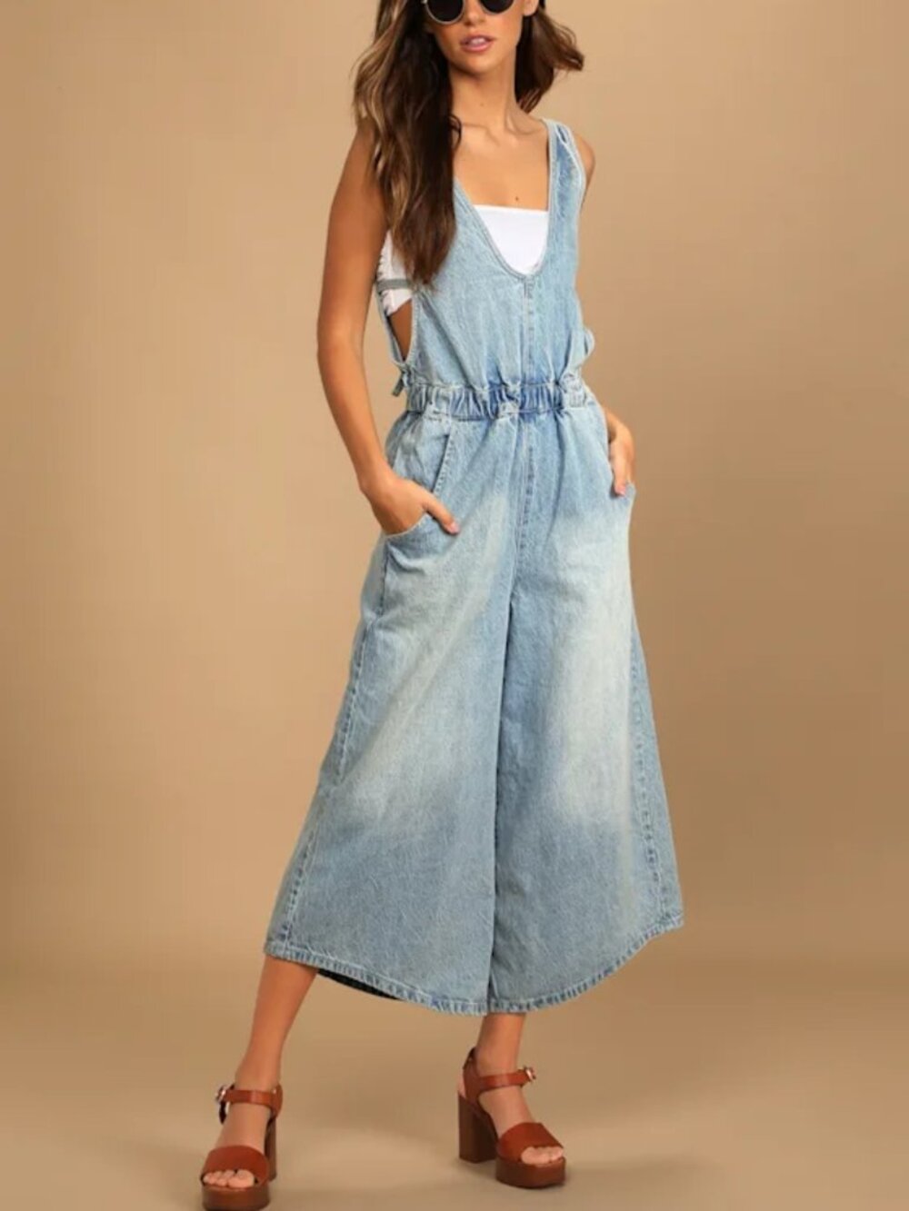 Free People Alora Denim Jumpsuit Wide Leg Vintage Casual Chic Streetwear L